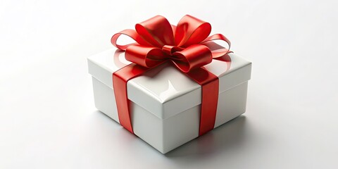 A tilted miniature white gift box, adorned with a vibrant red ribbon and a blank tag, awaits its message.