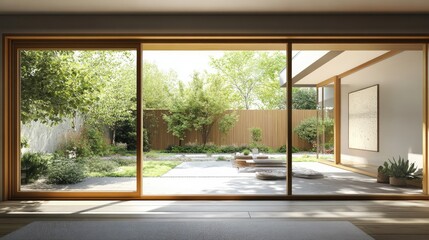 Tranquil Courtyard View Through Sliding Glass Doors