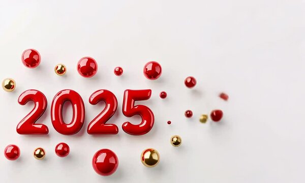 Chiffres rouges brillants formant 2025 entour&eacute;s de perles rouges et dor&eacute;es en mouvement sur fond blanc, pour &eacute;v&eacute;nements de l&rsquo;ann&eacute;e en cours