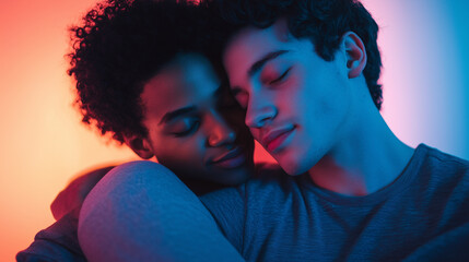 Fototapeta premium Handsome Gay Couple Hugging And Loving Closely Together, Neon Lights in Background Lights the Scene, Closed Eyes, showcasing the Affection and beauty of Human Relationships 