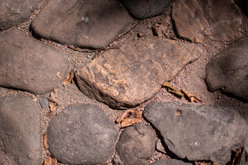 Gray sand and stones close-up on the beach. Stone in the foreground.