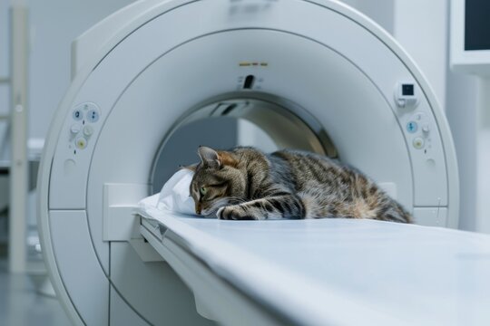 Detailed view of a veterinary MRI procedure with a cat focusing on the precision and care in modern pet medicine