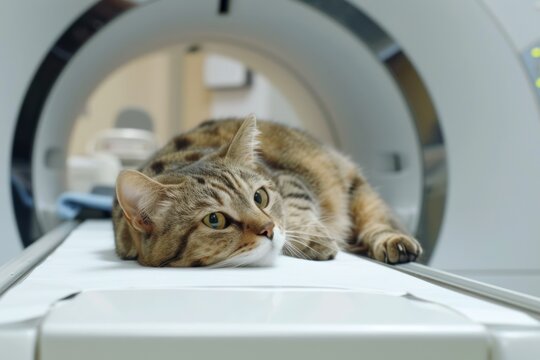 Detailed view of a veterinary MRI procedure with a cat focusing on the precision and care in modern pet medicine