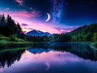 Serene Rural Landscape Under a Glowing Crescent Moon with Stars Reflecting on Calm Waters Surrounded by Lush Green Forests and Majestic Mountains