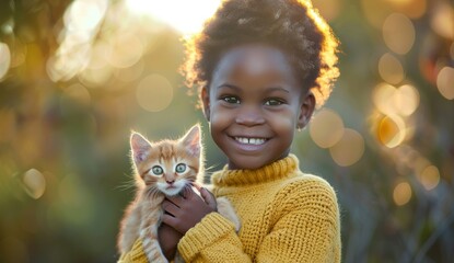 A cute African American girl in yellow dress holding small cat on her lap
