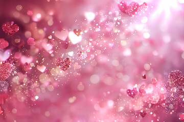 Explosion de cœurs scintillants dans un nuage rose brillant, ambiance féerique et romantique pour la Saint-Valentin le 14 février espace négatif copyspace
