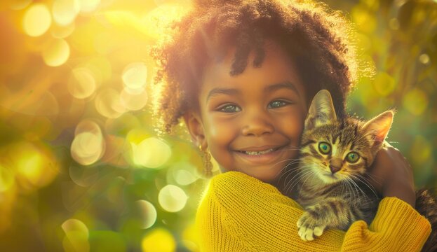 A cute African American girl in yellow dress holding small cat on her lap