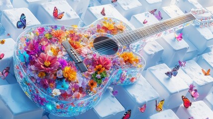 Obraz premium Floral Guitar, Keyboard, Butterflies, Spring, Digital Art, Music, Background, Wallpaper