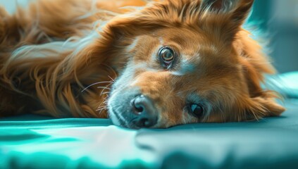 A golden retriever lying down in Veterinary Emergency: In a busy animal hospital, veterinarians and technicians provide emergency medical care to sick and injured pets.