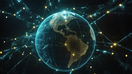 Obraz premium Global Network Connections: A Futuristic Visualization of Worldwide Interconnectivity