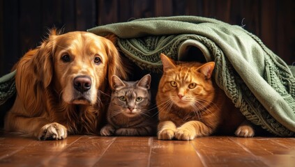a golden retriever dog and a black-and-white cat snuggling affectionately on a light blue fuzzy blanket, capturing the warmth and coziness of their bond.