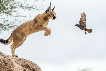 Naklejka premium A dynamic image of a caracal leaping high into the air to catch a bird.