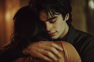 Young Handsome Man Hugging Tightly His Loving Girlfriend, Closed Eyes and Emotional Moment