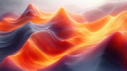 Obraz premium Abstract landscape with glowing, flowing hills and mountains in vibrant orange, red, and gray hues.