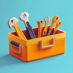 Vibrant orange toolbox filled with assorted tools, showcasing a mix of wrenches and pliers against a light blue backdrop.