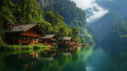 Fototapeta premium Three cozy wooden cabins sit lakeside, nestled in a lush mountain forest