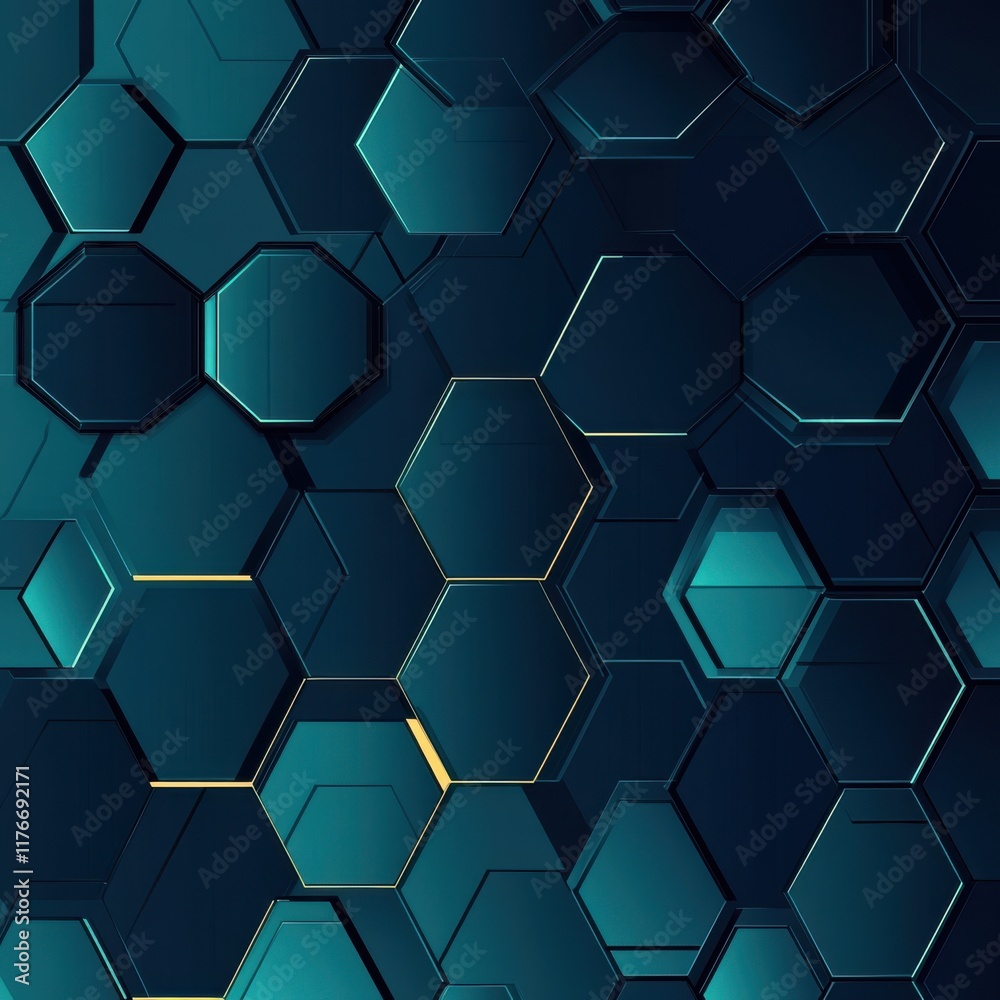 Poster abstract hexagonal pattern in deep teal and gold tones, creating a modern and dynamic visual texture
