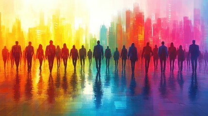 Fototapeta premium Silhouetted figures against a vibrant cityscape, symbolizing diversity and unity.