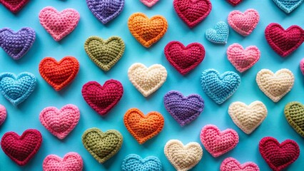 Fototapeta premium many crocheted hearts. Isolated on a blue background. 