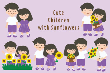 Cute Children with Sunflowers Illustration