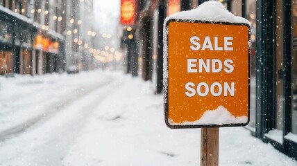 Christmas sales limited time concept. A snowy street scene features a bright orange sign announcing a sale that ends soon, capturing a wintry atmosphere and shopping urgency.