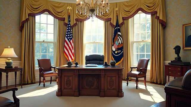 The Oval Office Interior with Desk, Flags, and Windows