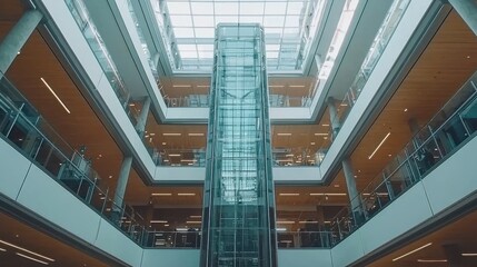 Obraz premium Elevator ascending modern office building glass structure corporate environment interior view urban concept