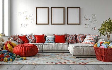 Cozy kids playroom interior, sectional sofa, toys, colorful rug, blank frames.