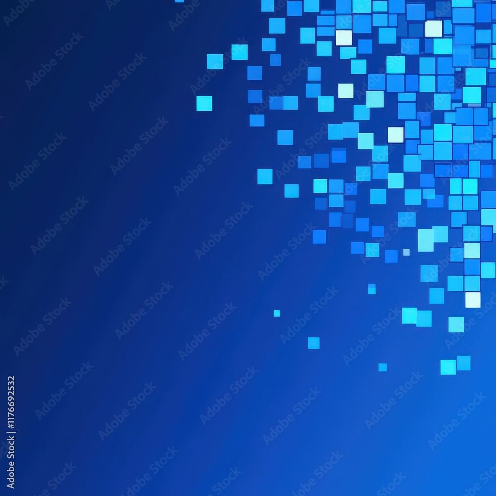 Poster abstract blue background with scattered squares creating a dynamic digital effect.