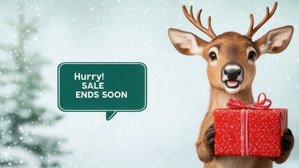 Christmas sales limited time concept. A cheerful reindeer holds a gift, promoting a holiday sale with a message urging customers to act quickly.