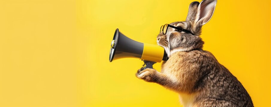 Squirrel announcing using megaphone. Notifying, warning, announcement.