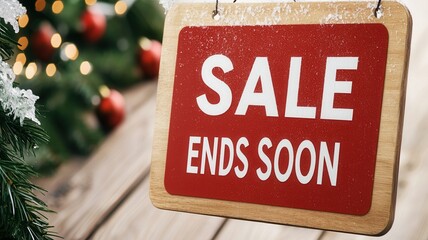 Christmas sales limited time concept. A red sale sign hanging with "SALE ENDS SOON" in white letters, surrounded by festive decorations, indicating a limited-time offer.