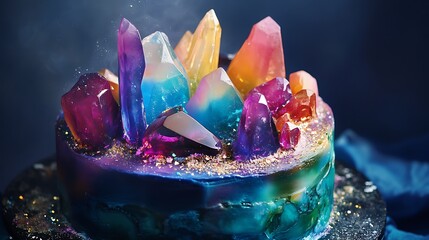 A gemstone cake with sparkling sugar crystals and vibrant colors