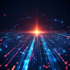 Fototapeta premium An abstract digital landscape featuring vibrant blue and red lights converging towards a bright center.