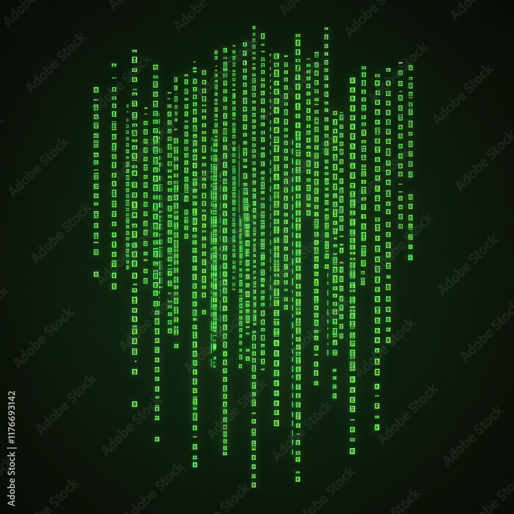 Poster a digital rain of green binary code against a dark background, creating a tech-inspired atmosphere.