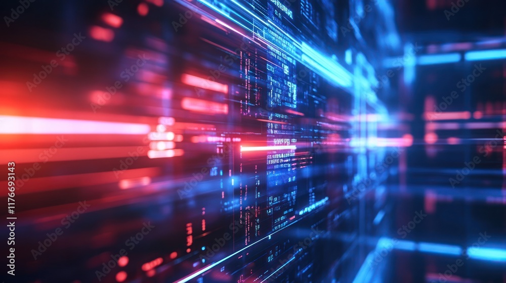 Fototapete Abstract Digital Data Stream: Futuristic Technology Background with Red and Blue Neon Lines and Glowing Code