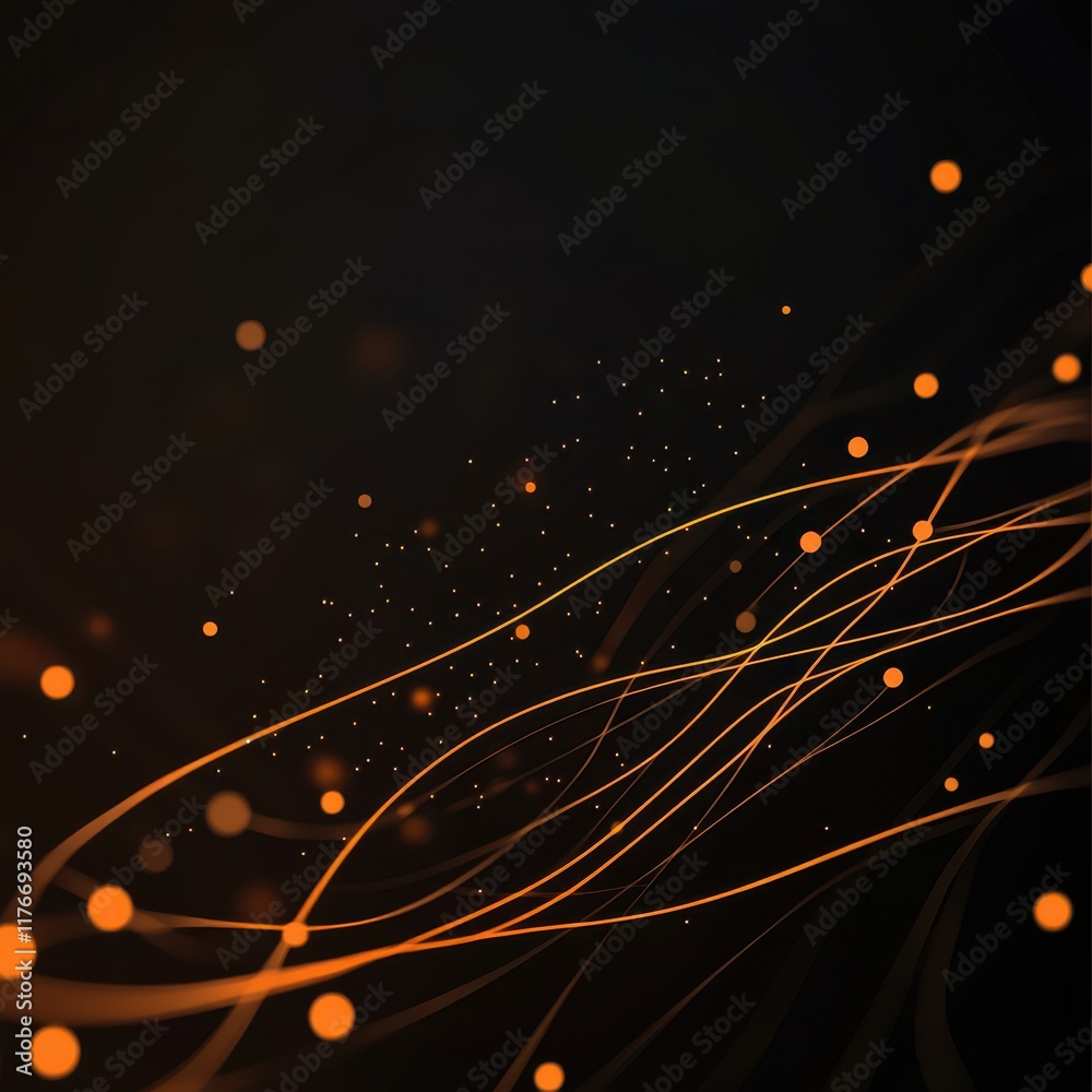 Poster abstract swirling orange lines and dots on a dark background creating a dynamic and energetic atmosp