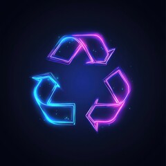 A glowing neon recycling symbol in blue and pink, set against a dark background, representing sustainability.