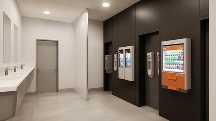 Modern restroom with sinks, vending machines, and neutral tones.