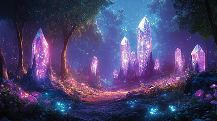 Obraz premium Magical forest with glowing crystals and foliage.
