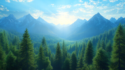 Naklejka premium Majestic mountains surround a vibrant green forest.