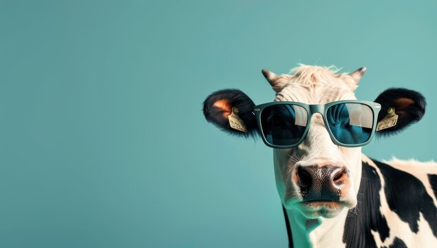 studio shot of a cow wearing sunglasses on HD color background. AI Generated