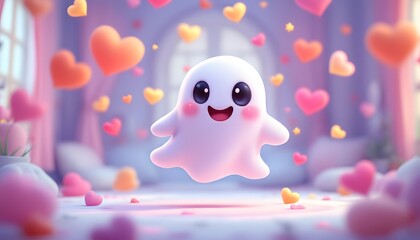Cheerful Ghost Floating Among Colorful Hearts in a Whimsical Room