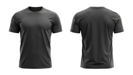 Black blank t shirt round neck template from two sides isolated on transparent white background, clipping path