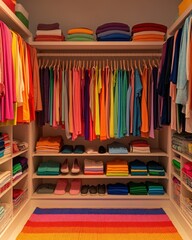 A vibrant, organized closet with neatly folded clothes in various colors, showcasing a rainbow of textiles.