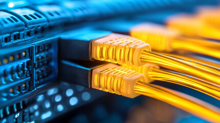 Network cables connected to server racks in a vibrant data center environment showcasing data transmission and internet infrastructure.