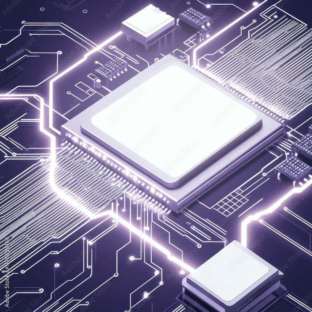 Poster a futuristic digital circuit board with glowing processors and intricate circuitry in a high-tech de