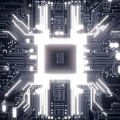 Abstract illustration of a glowing microchip with intricate circuits, evoking a sense of technology and innovation.