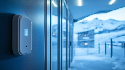 Naklejka premium Wall-mounted control panel, snowy winter view.