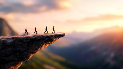 A group of people walking atop a prominent mountain ridge during sunrise, capturing themes of adventure, unity, and scenic beauty.